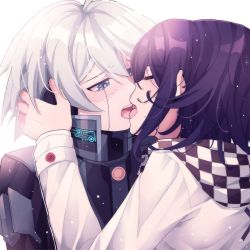 Rule 34 | 2boys, armor, blush, checkered clothes, checkered scarf, cheer (cheerpuppy14), closed eyes, danganronpa (series), danganronpa v3: killing harmony, facing another, french kiss, green eyes, grey background, grey hair, hair between eyes, hand on another&#039;s ear, headphones, highres, jacket, k1-b0, kiss, long sleeves, looking at another, male focus, multiple boys, oma kokichi, power armor, purple hair, scarf, simple background, white jacket, yaoi