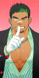 Rule 34 | 1boy, bandaid, bandaid on face, bandaid on nose, bara, black hair, black suit, dark-skinned male, dark skin, facial hair, finger to mouth, formal, goatee, green hair, green shirt, grin, highres, kyoichi (active agent) (live a hero), kyoichi (live a hero), large pectorals, live a hero, looking at viewer, male focus, mature male, multicolored hair, muscular, muscular male, official alternate costume, one eye closed, partially unbuttoned, pectoral cleavage, pectorals, porkjinta, shirt, short hair, shushing, smile, solo, sparkle, streaked hair, striped clothes, striped shirt, suit, thick thighs, thighs, upper body, whistle, whistle around neck