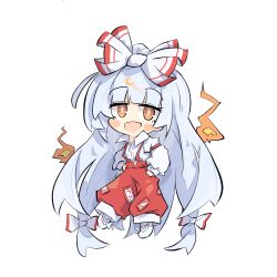 Rule 34 | 1girl, blunt bangs, blush, bow, chibi, collared shirt, fang, fire, flats, floating, fujiwara no mokou, green eyes, hair bow, hands in pockets, long hair, long sleeves, looking at viewer, multicolored bow, ofuda, ofuda on clothes, open mouth, pants, primsla, puffy long sleeves, puffy sleeves, red bow, red pants, shirt, sidelocks, simple background, skin fang, solo, split mouth, suspenders, touhou, very long hair, white background, white bow, white footwear, white hair, white shirt