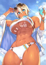 Rule 34 | 1girl, 2018, 23 (real xxiii), bikini, blonde hair, blue eyes, blue sky, breasts, cameltoe, cloud, cloudy sky, covered erect nipples, cowboy shot, dark-skinned female, dark skin, dated, day, drinking straw, fingernails, from below, glass, highres, holding, huge breasts, jacket, looking at viewer, looking down, muscular, muscular female, navel, off shoulder, open clothes, open jacket, original, outdoors, sela (23), short hair, sky, solo, strapless, sunglasses, sunlight, sweat, sweatdrop, swimsuit, tank top, towel, tube top, underboob
