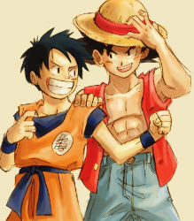 Rule 34 | 2boys, abs, black hair, clothes writing, company connection, cosplay, costume switch, crossover, dragon ball, happy, hat, male focus, monkey d. luffy, multiple boys, muscular, one piece, scar, sepia background, short hair, shounen jump, smile, son goku, spiked hair, straw hat