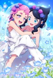 Rule 34 | 2girls, black hair, blue eyes, blue sky, bridal gauntlets, bridal veil, carrying, character name, creatures (company), dated, day, dot (pokemon), dress, field, flower, flower field, freckles, game freak, hair flower, hair ornament, highres, liko (pokemon), long hair, looking at another, multiple girls, nihiro (erxun11), nintendo, open mouth, outdoors, pokemon, pokemon (anime), pokemon horizons, princess carry, purple eyes, purple hair, sky, smile, teeth, thick eyebrows, upper teeth only, veil, wedding dress, wife and wife, yuri