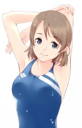 Rule 34 | 10s, 1girl, arms behind head, blue eyes, blue one-piece swimsuit, breasts, brown hair, competition swimsuit, egooo, grey hair, love live!, love live! sunshine!!, one-piece swimsuit, short hair, smile, solo, swimsuit, upper body, watanabe you
