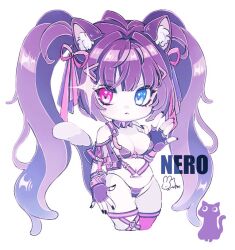 Rule 34 | 1girl, 1other, animal ears, bare shoulders, bikini, black bikini, black gloves, black nails, blue eyes, breasts, cat, cat ears, cat girl, character name, chest harness, chibi, cropped legs, fingerless gloves, frown, gloves, goddess of victory: nikke, hair ribbon, harness, heterochromia, large breasts, long hair, looking at viewer, nail polish, nero (nikke), purple eyes, ribbon, signature, simple background, string bikini, swimsuit, twintails, usapam3hechi, white background