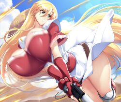 Rule 34 | 1girl, absurdres, ankle socks, armor, blonde hair, boob reload, bouncing breasts, breast pocket, breasts, bullet, cleavage, fingerless gloves, gloves, grenadier (manga), gun, haganef, handgun, hat, highres, holding, holding gun, holding weapon, huge breasts, japanese armor, long hair, looking to the side, pocket, revolver, shirt, socks, straw hat, suneate, taut clothes, taut shirt, tendou rushuna, thigh gap, weapon