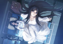 Rule 34 | 2girls, bed, black hair, blue eyes, closed eyes, collarbone, drawing (object), dual persona, floating, from above, fujou kirie, ghost, hospital, hospital bed, hospital gown, kara no kyoukai, long hair, looking at viewer, lying, multiple girls, pillow, tsukikanade, very long hair, wheelchair
