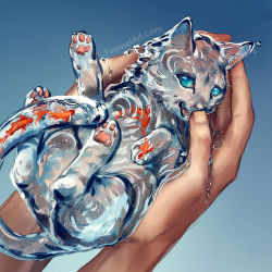 Rule 34 | 1other, animal, animal focus, biting, blue background, blue eyes, cat, commentary, english commentary, fangs, finger biting, fish, goldfish, gradient background, highres, holding, holding animal, looking at viewer, original, out of frame, solo, water, watermark, web address, yuumei