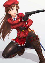 Rule 34 | 1girl, absurdres, beret, black gloves, black pantyhose, blue necktie, boots, brown eyes, brown footwear, brown hair, cross-laced footwear, crotch seam, dagger, glock, gloves, grey background, gun, handgun, hat, highres, holding, holding gun, holding weapon, jacket, knee boots, knife, lace-up boots, long hair, miniskirt, necktie, on one knee, open mouth, pantyhose, petticoat, pistol, pleated skirt, red hat, red jacket, red skirt, simple background, skirt, solo, suppressor, sword, thigh strap, toriatto gununu, uniform, very long hair, weapon