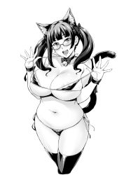 Rule 34 | 1girl, :d, animal ears, areola slip, bell, blush, bow, breasts, cat ears, cat tail, choker, cleavage, cropped legs, curvy, earrings, glasses, greyscale, hair bow, head tilt, highres, jewelry, jingle bell, large breasts, long hair, looking at viewer, micro bra, mole, mole under mouth, monochrome, navel, neck bell, open mouth, original, panties, ribbon choker, side-tie panties, simple background, smile, solo, strap lift, tail, takurou, thighhighs, thighs, twintails, underwear, white background, wrist bow