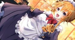 Rule 34 | 1girl, blue eyes, bow, bowtie, braid, date a live, drill hair, dutch angle, looking at viewer, maid headdress, open mouth, orange hair, red bow, red bowtie, rorona rozena, sidelocks, smile, solo, yamai kaguya