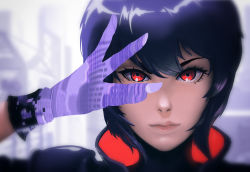 Rule 34 | 1girl, blue hair, close-up, expressionless, eyebrows hidden by hair, ghost in the shell, ghost in the shell stand alone complex, gloves, highres, jacket, kusanagi motoko, lem, looking at viewer, purple gloves, red eyes, science fiction, short hair, solo, v-shaped eyebrows