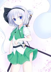 Rule 34 | 1girl, absurdres, belt, blue eyes, cherry blossoms, closed mouth, collared shirt, commentary, donnon08, doyagao, ghost, green skirt, highres, katana, konpaku youmu, konpaku youmu (ghost), looking at viewer, multiple swords, shirt, short sleeves, skirt, smug, solo, sword, sword behind back, touhou, v-shaped eyebrows, weapon, white background, white shirt