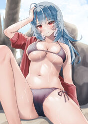 Rule 34 | 1girl, absurdres, azur lane, bikini, blue hair, breasts, cameltoe, classic (zildjian33), cleavage, commission, highres, large breasts, long hair, long sleeves, looking at viewer, marco polo (azur lane), navel, red eyes, red shirt, shirt, side-tie bikini bottom, single bare shoulder, skeb commission, smile, solo, swimsuit, thighs, very long hair, wet