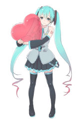 Rule 34 | 1girl, absurdres, aqua eyes, aqua hair, boots, collared shirt, detached sleeves, full body, hatsune miku, heart, highres, holding, holding heart, long hair, looking at viewer, multicolored hair, necktie, hugging object, red hair, shirt, simple background, skirt, smile, solo, thigh boots, thighhighs, very long hair, vocaloid, white background, youmak, zettai ryouiki