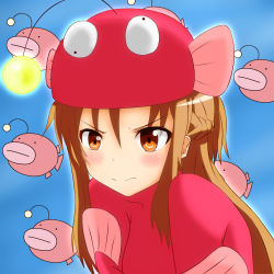 Rule 34 | 10s, 1girl, anglerfish, anglerfish costume, asuna (sao), bad id, bad nicoseiga id, blush, brown hair, close-up, covering privates, embarrassed, emblem, fish, girls und panzer, gradient background, highres, kasoku souchi, long hair, solo, sword art online