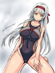 Rule 34 | 10s, 1girl, bad id, bad pixiv id, brown eyes, competition swimsuit, habutae kyusetsu, hairband, highres, kantai collection, kneeling, long hair, one-piece swimsuit, shoukaku (kancolle), silver hair, solo, swimsuit
