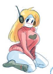 Rule 34 | 1girl, alternate breast size, android, bad id, bad tumblr id, blonde hair, blue eyes, blush, bottomless, breasts, colored skin, curly brace, doukutsu monogatari, drcockula, kneehighs, large breasts, long hair, robot ears, simple background, sitting, sketch, socks, solo, sweater, turtleneck, v arms, wariza, white skin