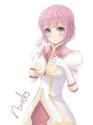 Rule 34 | 00s, 1girl, armor, armored dress, blush, breasts, closed mouth, commentary request, estellise sidos heurassein, eyebrows, gloves, green eyes, hand in own hair, highres, honorikiti, looking at viewer, pink hair, short hair, simple background, smile, solo, tales of (series), tales of vesperia, white background, white gloves