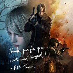Rule 34 | 1girl, 2boys, absurdres, aiming, ashley graham, black gloves, blonde hair, bomber jacket, chainsaw, church, close-up, closed mouth, commentary, english commentary, english text, fingerless gloves, fire, gloves, gun, hand on own shoulder, handgun, highres, jacket, leon s. kennedy, long sleeves, luis sera, mask, mixed-language commentary, multiple boys, official art, parted bangs, resident evil, resident evil 4, resident evil 4 (remake), short hair, weapon