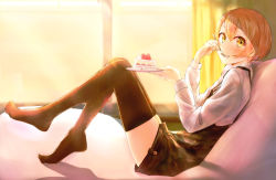 Rule 34 | 10s, 1girl, black thighhighs, blonde hair, blush, curtains, eating, food, fork, fruit, hair between eyes, hoshizora rin, looking at viewer, love live!, love live! school idol project, marshall (wahooo), reclining, skindentation, solo, strawberry, thighhighs, yellow eyes