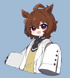 Rule 34 | 1girl, :d, agnes tachyon (umamusume), ahoge, animal ears, black necktie, black shirt, blue background, brown hair, collared shirt, commentary, cropped torso, hair between eyes, highres, horse ears, lab coat, long sleeves, looking at viewer, necktie, nozo (hitomiz), open clothes, open mouth, red eyes, shirt, short necktie, simple background, sleeves past fingers, sleeves past wrists, smile, solo, sweater vest, symbol-only commentary, umamusume, upper body