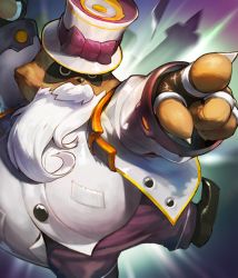 Rule 34 | 1boy, alternate costume, artist request, beard, card (medium), chan (chaos online), chaos online, facial hair, hat, male focus, official art, pointing, solo, standing, standing on one leg, top hat