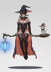 Rule 34 | 1girl, absurdres, black cape, black hat, black nails, black thighhighs, blue eyes, bow, bowtie, braid, breasts, broom, broom riding, cape, cat, cleavage, covered navel, detached sleeves, floating, full body, glasses, hat, heterochromia, highres, lantern, large breasts, leotard, levitation, looking at viewer, nail polish, original, parted lips, red-framed eyewear, red bow, red bowtie, short hair, short twintails, simple background, solo, thighhighs, twin braids, twintails, white background, white cat, witch hat, xue qi ye (dndtmbdue), yellow eyes