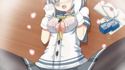 Rule 34 | 10s, 1girl, animated, animated gif, between breasts, blush, breasts, cleavage, covered erect nipples, envelope, gloves, grey hair, hair over one eye, hamakaze (kancolle), hangaku, heart, implied sex, jewelry, kantai collection, large breasts, letter, lying, missionary, no bra, on back, open mouth, ornate ring, pantyhose, pleated skirt, ring, school uniform, serafuku, sexually suggestive, skirt, solo, wax seal, wedding ring, white gloves