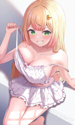 Rule 34 | 1girl, bare shoulders, blonde hair, breasts, cleavage, dress, green eyes, highres, hololive, large breasts, long hair, looking at viewer, midriff, momosuzu nene, off shoulder, peach ornament, polka dot, polka dot shirt, polka dot skirt, shirt, sitting, skirt, sleeveless, sleeveless dress, smile, solo, spaghetti strap, stomach, strap slip, suicabar72, virtual youtuber