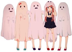Rule 34 | 1girl, :3, :o, bad id, bad pixiv id, black skirt, blue eyes, bow, brown hair, dress, ghost, ghost costume, halloween, high heels, kise (swimmt), lineup, long hair, long sleeves, open mouth, original, purple footwear, red bow, red footwear, red hair, shoes, simple background, skirt, solid oval eyes, twintails, white background