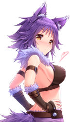Rule 34 | 1girl, animal ear fluff, animal ears, arm belt, belt, belt buckle, blush, breasts, brown belt, brown hair, brown sleeves, buckle, closed mouth, commentary request, detached sleeves, fur-trimmed sleeves, fur trim, hands on own hips, heart, highres, long hair, long sleeves, looking at viewer, looking back, makoto (princess connect!), medium breasts, princess connect!, purple hair, purple skirt, simple background, skirt, sleeves past wrists, solo, tail, tomo (tmtm mf mf), v-shaped eyebrows, white background, wolf ears, wolf tail