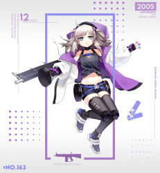 Rule 34 | 1girl, :o, aa-12, aa-12 (girls&#039; frontline), absurdres, ahoge, automatic shotgun, bags under eyes, bare shoulders, belt, black choker, black footwear, black gloves, black shirt, black shorts, black thighhighs, blue eyes, buckle, candy, choker, combat shotgun, crop top, di le to, drum magazine, food, full body, girls&#039; frontline, gloves, grey hair, gun, hair ornament, high-capacity magazine, highres, holding, holding candy, holding food, holding gun, holding lollipop, holding weapon, jacket, knee pads, lollipop, long hair, looking at viewer, magazine (weapon), midriff, navel, open clothes, open jacket, open mouth, ribbed shirt, shirt, shoes, short shorts, shorts, shotgun, sleeveless, sleeveless shirt, snap-fit buckle, solo, star (symbol), star hair ornament, stomach, thighhighs, twintails, weapon, white background, white jacket