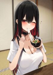 Rule 34 | 1girl, absurdres, amane sora, black choker, black hair, blurry, blurry background, blush, bowl, breasts, choker, chopsticks, cleavage, collarbone, colored inner hair, commentary request, double-parted bangs, food, food in mouth, food request, hair between eyes, highres, holding, holding bowl, holding chopsticks, indoors, kotatsu, large breasts, long hair, mochi, mochi trail, mole, mole on breast, mole under mouth, multicolored hair, one eye closed, original, red eyes, red hair, shirt, short sleeves, shouji, sitting, sliding doors, solo, table, tatami, upper body, white shirt