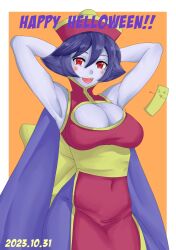 Rule 34 | 1girl, armpits, arms behind head, blue skin, breasts, cleavage cutout, clothing cutout, colored skin, covered navel, halloween, hat, highres, large breasts, lei lei, purple hair, red eyes, sleeveless, smile, teeth, tokyotakuan 17, upper teeth only, vampire (game)
