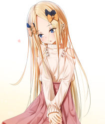 Rule 34 | 1girl, abigail williams (fate), alternate costume, black bow, blonde hair, blue eyes, blush, bow, brown background, clothing cutout, commentary request, cowboy shot, fate/grand order, fate (series), fingernails, forehead, gradient background, hair bow, heart, highres, long hair, long sleeves, looking away, looking to the side, multiple hair bows, nail polish, orange bow, own hands together, parted bangs, parted lips, pink nails, pink skirt, pleated skirt, sakazakinchan, shoulder cutout, skirt, sleeves past wrists, solo, sweater, very long hair, white background, white bow, white sweater