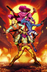 Rule 34 | 1990s (style), 4boys, aiming, aiming at viewer, arcade, battle, belt, blonde hair, boots, box art, brown hair, building, character name, cigar, commentary, cowboy, cowboy boots, cowboy western, desert, dual wielding, dust, dynamite, english commentary, explosive, fake box art, fire, friends, genzoman, gun, handgun, hay, highres, holding, holster, konami, long hair, manly, mexican standoff, mexico, multiple boys, muscular, official style, old west, poncho, retro artstyle, revolver, rifle, sawed-off shotgun, scarf, shotgun, sideburns, smoking, sun, sunset, sunset riders, toned, town, united states, vest, video game, weapon, western