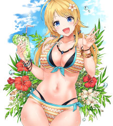 Rule 34 | 1girl, absurdres, ahoge, bare shoulders, bead bracelet, beads, bikini, blonde hair, blue eyes, blue sky, blush, bracelet, breasts, cleavage, collarbone, cup, day, drinking glass, drinking straw, fingernails, flower, food, fruit, hachimiya meguru, hair flower, hair ornament, hand gesture, highres, hip focus, idolmaster, idolmaster shiny colors, jewelry, large breasts, layered bikini, lime (fruit), long hair, looking at viewer, low twintails, navel, necklace, open mouth, sirurabbit, sky, smile, solo, swept bangs, swimsuit, thighs, twintails, w, water drop, yellow bikini