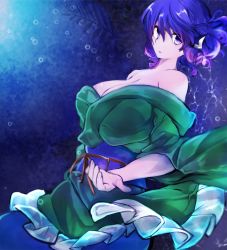 Rule 34 | 1girl, air bubble, blue hair, breasts, bubble, chada atariatama, cleavage, cowboy shot, fins, fish tail, from side, green kimono, head fins, highres, japanese clothes, kimono, large breasts, looking at viewer, looking to the side, mermaid, monster girl, obi, parted lips, purple eyes, purple hair, sash, solo, tail, touhou, underwater, wakasagihime, wide sleeves