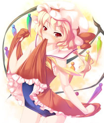 Rule 34 | 1girl, blonde hair, blush, female focus, flandre scarlet, hat, ichio, mouth hold, one-piece swimsuit, ponytail, pussy juice, red eyes, revision, school swimsuit, short hair, short hair with long locks, side ponytail, slit pupils, solo, swimsuit, swimsuit under clothes, touhou, wings