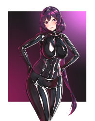 Rule 34 | 1girl, absurdres, bodysuit, breasts, corset, cowboy shot, female admiral (kancolle), hiememiko, highres, kantai collection, large breasts, latex, latex bodysuit, latex suit, long hair, open mouth, purple eyes, purple hair, shiny clothes, skin tight, smile, solo