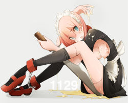 Rule 34 | 1girl, aqua eyes, bdsm, black thighhighs, blush, bondage, bound, breasts, breasts out, chain, collar, cuffs, cut-here line, dotted line, hanging breasts, highres, knife, maid, maid headdress, mary janes, nipples, original, pink hair, sauce, shoes, short hair, solo, takagi (tansuke), tansuke, thighhighs, tongue, tongue out