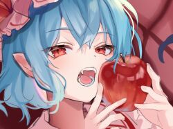 Rule 34 | apple, blue hair, commentary request, fangs, food, fruit, holding, holding food, holding fruit, looking at viewer, open mouth, pointy ears, red apple, red eyes, remilia scarlet, short hair, touhou, usushio