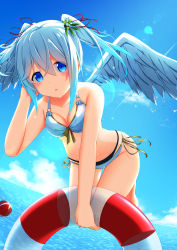 Rule 34 | 1girl, :o, absurdres, aoi thomas, ball, bare arms, bare shoulders, beachball, bikini, blue bikini, blue eyes, blue hair, blue sky, blue wings, blush, breasts, cleavage, cloud, commentary request, day, feathered wings, flower, flying, front-tie bikini top, front-tie top, hair between eyes, hair flower, hair ornament, hair ribbon, highres, holding, holding swim ring, horizon, innertube, looking at viewer, medium breasts, ocean, original, outdoors, parted lips, red ribbon, ribbon, side-tie bikini bottom, sidelocks, sky, solo, swim ring, swimsuit, transparent, water, white flower, wings
