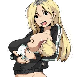 Rule 34 | 1boy, 1girl, age difference, aliasing, baby, black eyes, blonde hair, bottomless, breast sucking, breastfeeding, breasts, chiisan, hetero, large breasts, long hair, lowres, one breast out, open mouth, short hair, simple background, smile, tagme, upper body, white background