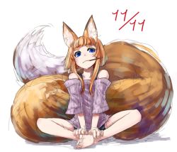 Rule 34 | 1girl, animal ear fluff, animal ears, barefoot, blue eyes, dated, food, fox ears, fox tail, full body, hands on feet, jaco, large tail, looking at viewer, original, pocky, pocky day, simple background, sitting, sketch, solo, tail, toes, white background