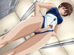 Rule 34 | 1girl, bible black, breasts, brown eyes, brown hair, competition swimsuit, dutch angle, from below, futanari, game cg, imminent penetration, large breasts, locker, locker room, looking at viewer, looking down, nonogusa miyuki, one-piece swimsuit, penis, pussy, smile, solo, swimsuit, third-party edit