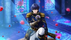 Rule 34 | 1boy, aiguillette, antique firearm, armor, ascot, black gloves, blue hair, epaulettes, firearm, flower, game cg, gauntlets, gloves, gun, hand on own chest, holding, holding gun, holding weapon, indoors, kneeling, looking at viewer, male focus, military, military uniform, official art, on one knee, petals, rapp (senjuushi), red eyes, rose, senjuushi: the thousand noble musketeers, senjuushi (series), short hair, single gauntlet, solo, uniform, weapon
