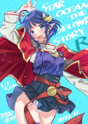 Rule 34 | 1girl, absurdres, ahoge, blue eyes, blue hair, breasts, cape, crescent, crescent hair ornament, hair ornament, highres, looking at viewer, mario kaneda, medium breasts, open mouth, panties, pointy ears, red cape, rena lanford, short hair, skirt, smile, solo, star ocean, star ocean the second story, underwear, white panties