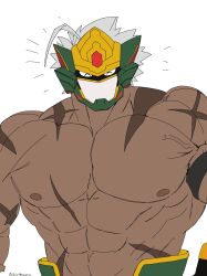 Rule 34 | 1boy, abs, absurdres, ame-no-tadikarao (n-innocence), artist name, bara, chikinran corn, dark skin, happy, helmet, highres, large pectorals, looking at viewer, male focus, manly, mask, mature male, muscular, muscular male, n-innocence, nipples, pectorals, scar, signature, simple background, solo, topless male, upper body, veins, white background, white hair