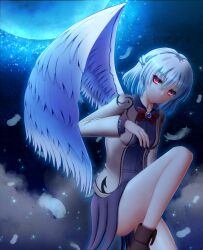 Rule 34 | 1girl, boots, bow, braid, breasts, brooch, closed mouth, cloud, collared shirt, cropped legs, feathered wings, feathers, flying, french braid, full moon, hair between eyes, highres, jacket, jewelry, kishin sagume, knee up, long sleeves, looking at viewer, medium breasts, midair, moon, muhiov2222222, night, night sky, nose, red bow, red eyes, shirt, short hair, single wing, skirt, sky, solo, star (sky), starry sky, thighs, touhou, white hair, wings